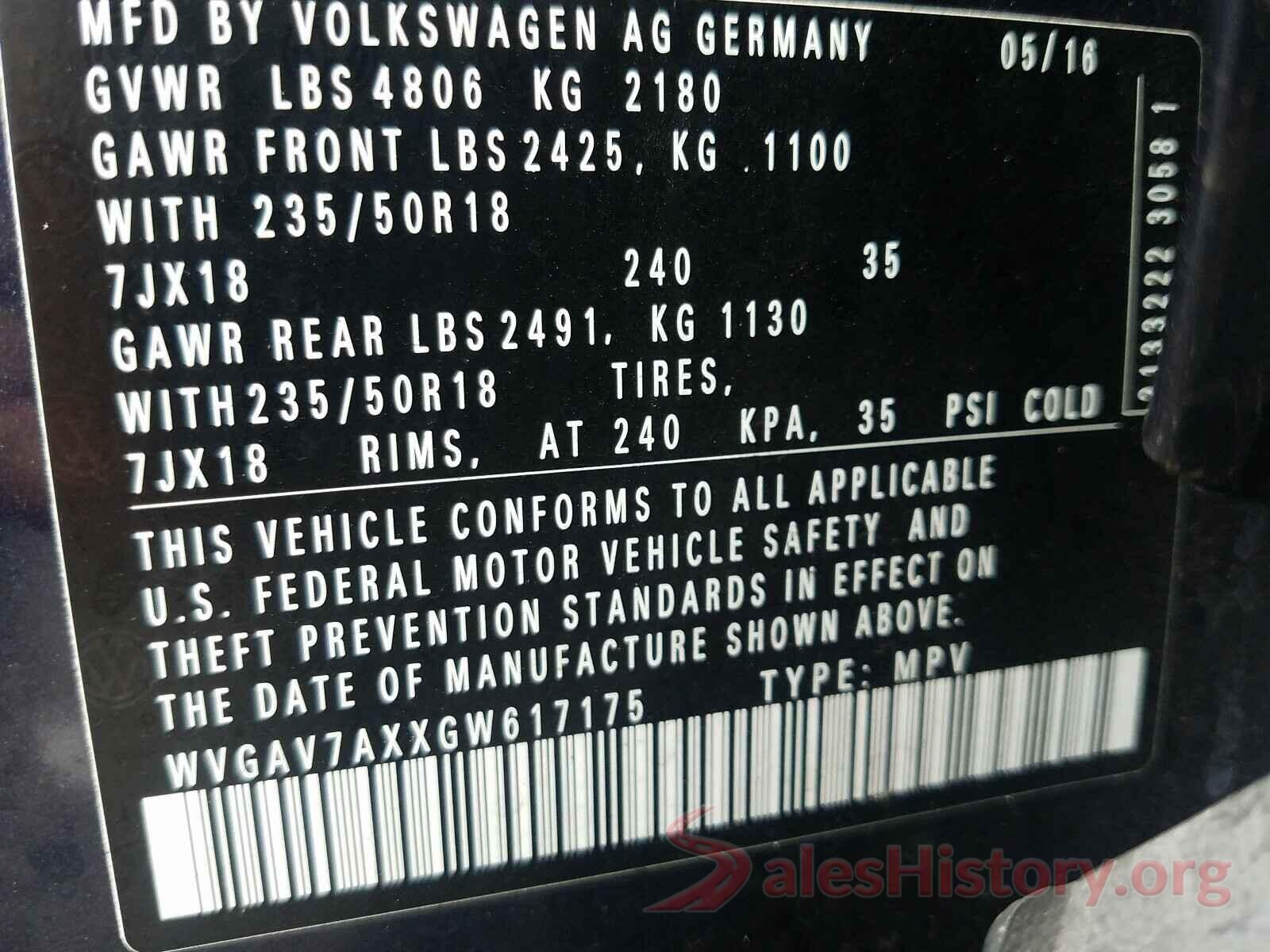 WVGAV7AXXGW617175 2016 VOLKSWAGEN TIGUAN