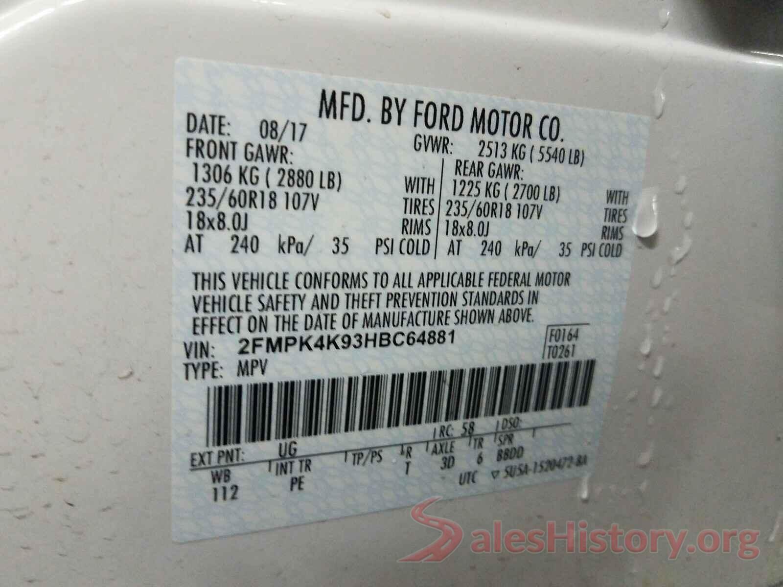 2FMPK4K93HBC64881 2017 FORD EDGE