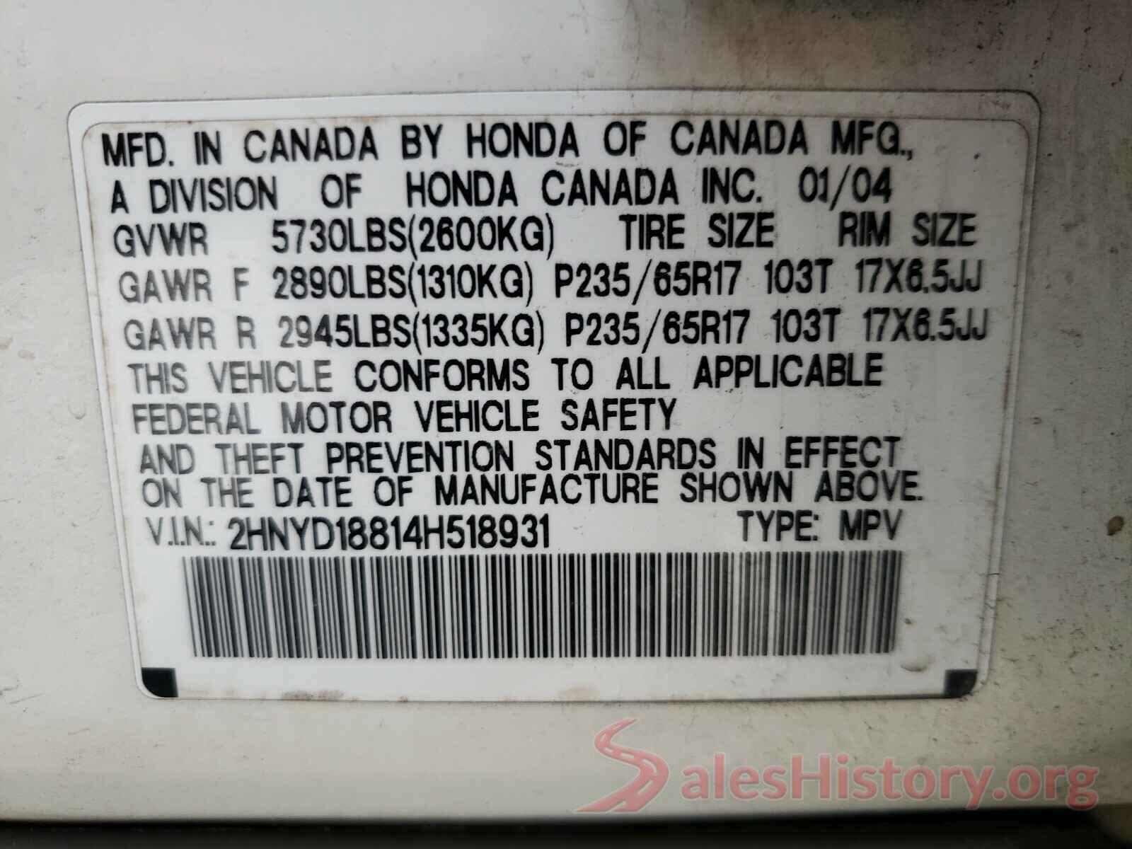 2C4RDGEG5KR529222 2004 ACURA MDX