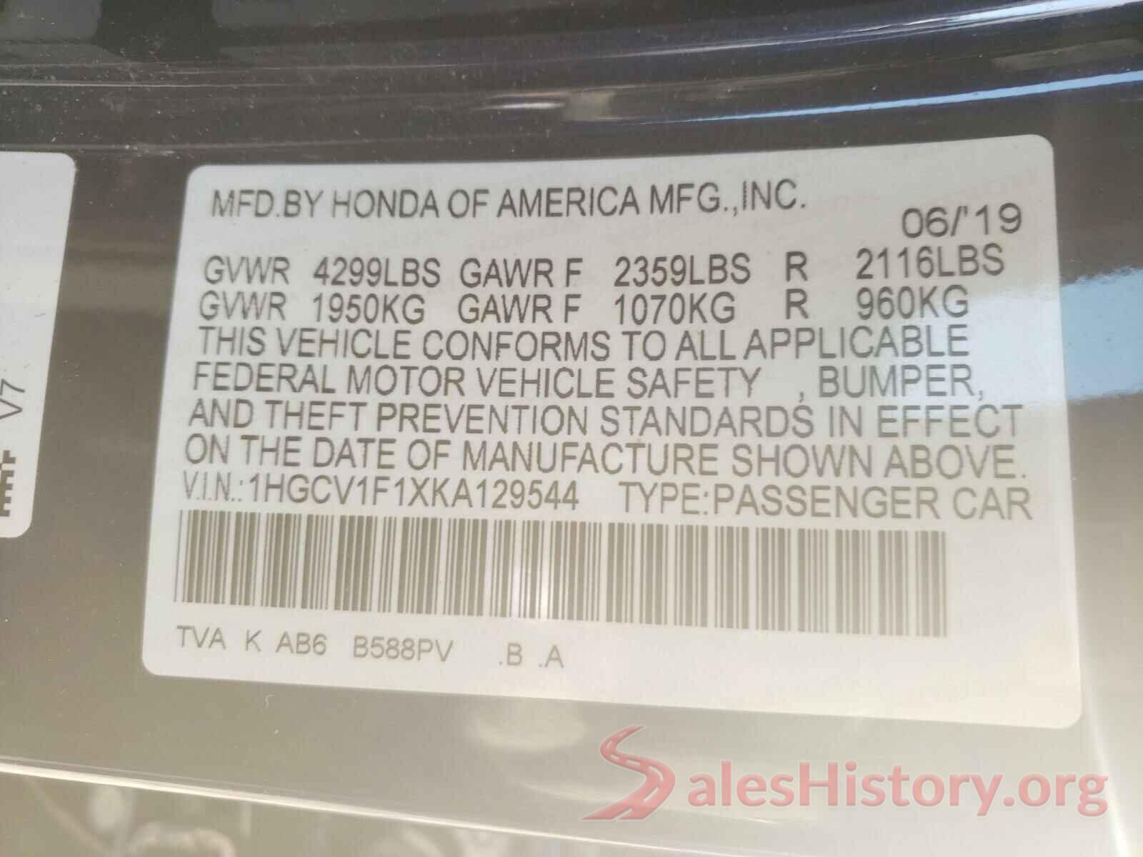 1HGCV1F1XKA129544 2019 HONDA ACCORD