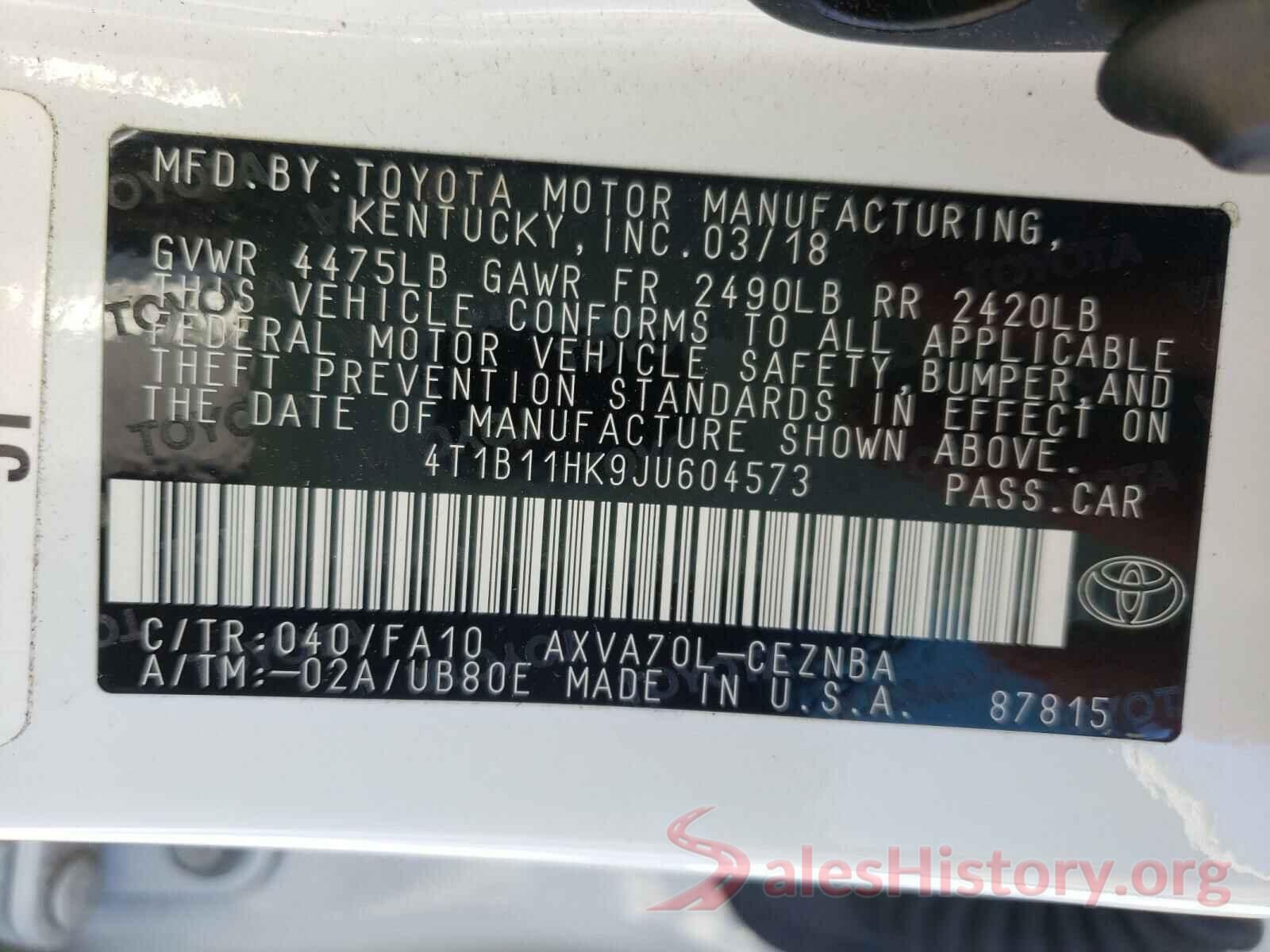 4T1B11HK9JU604573 2018 TOYOTA CAMRY