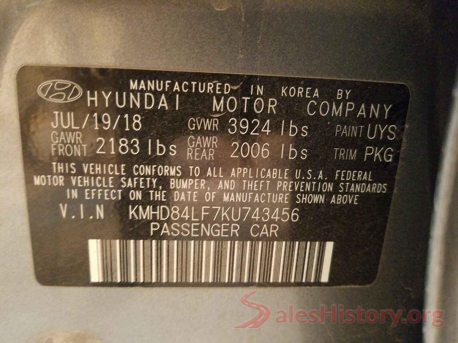 KMHD84LF7KU743456 2019 HYUNDAI ELANTRA