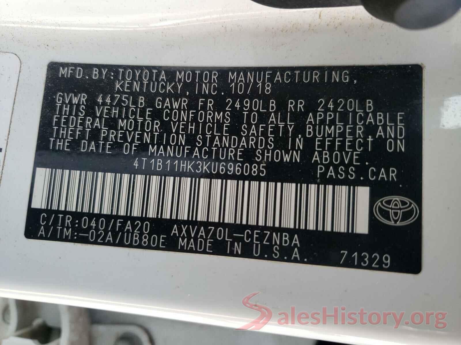 4T1B11HK3KU696085 2019 TOYOTA CAMRY