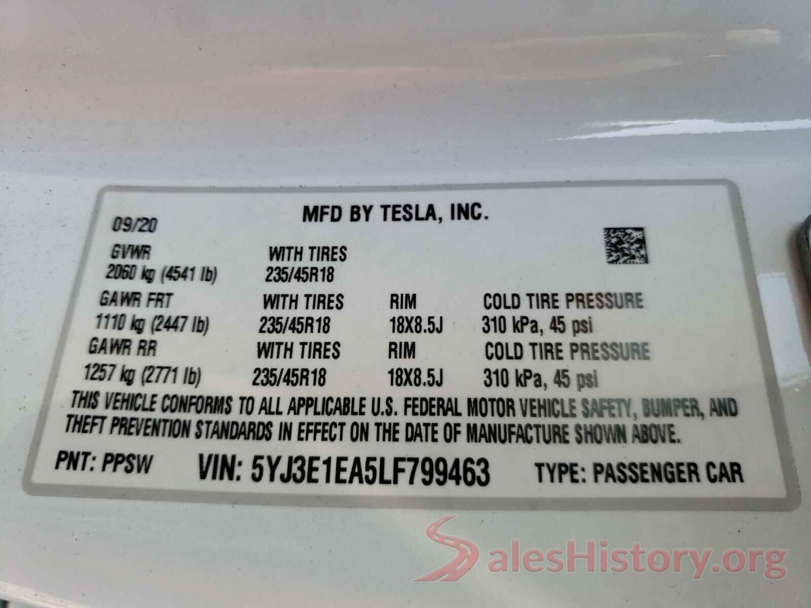 5YJ3E1EA5LF799463 2020 TESLA MODEL 3