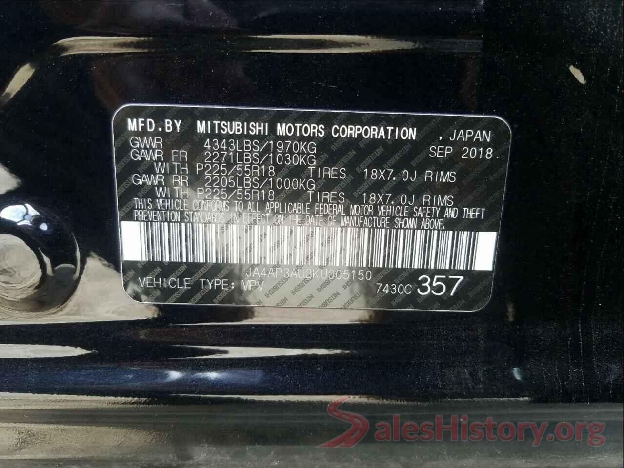 JA4AP3AU8KU005150 2019 MITSUBISHI OUTLANDER