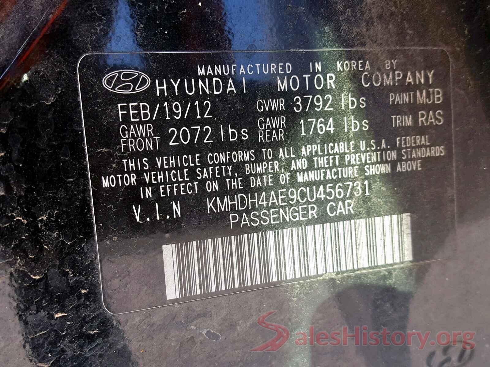 KMHDH4AE9CU456731 2012 HYUNDAI ELANTRA