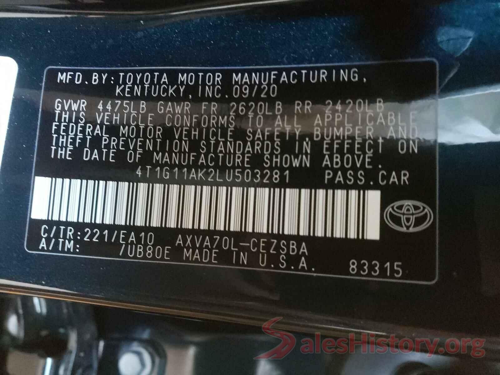 4T1G11AK2LU503281 2020 TOYOTA CAMRY