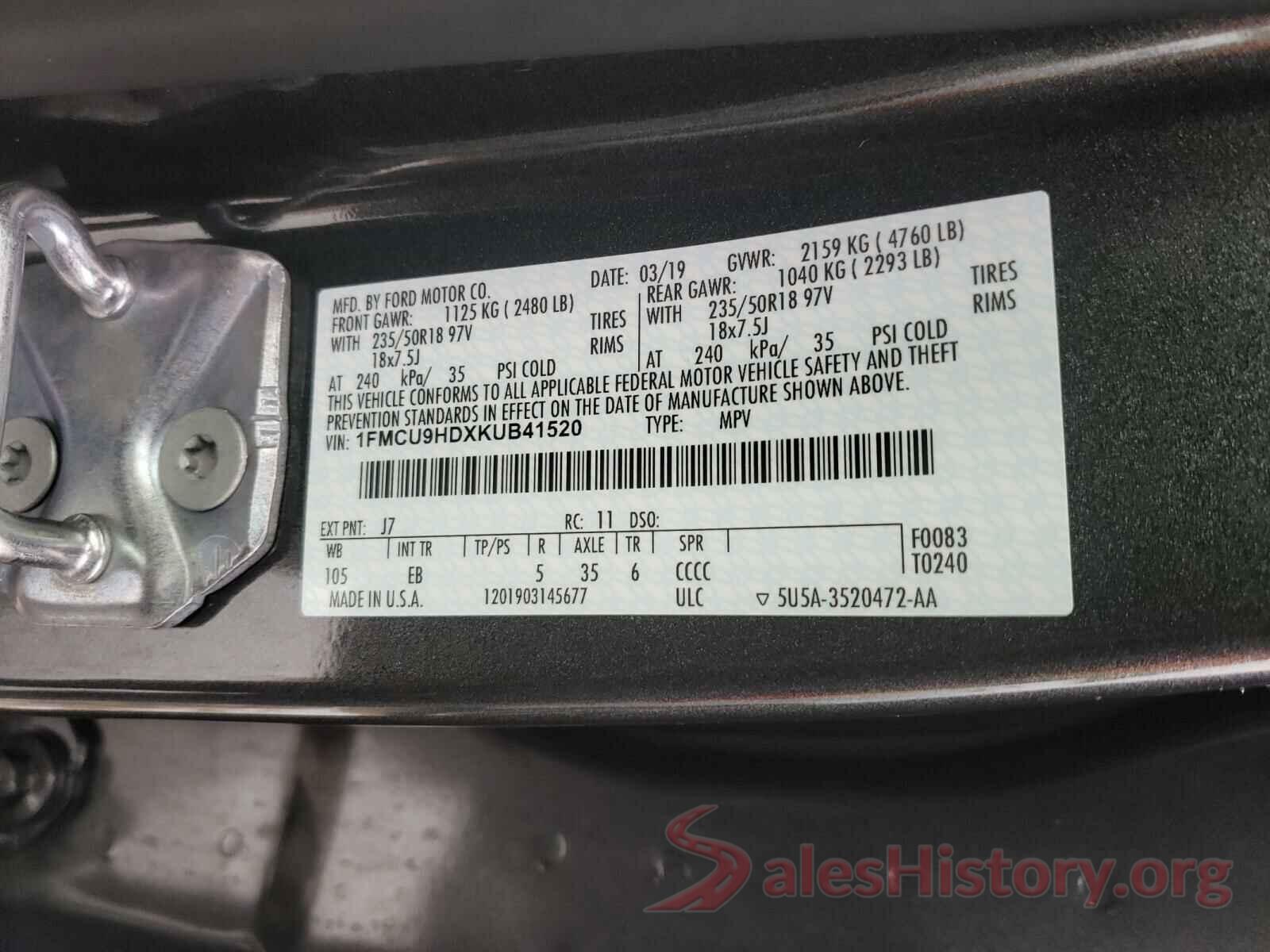 1FMCU9HDXKUB41520 2019 FORD ESCAPE