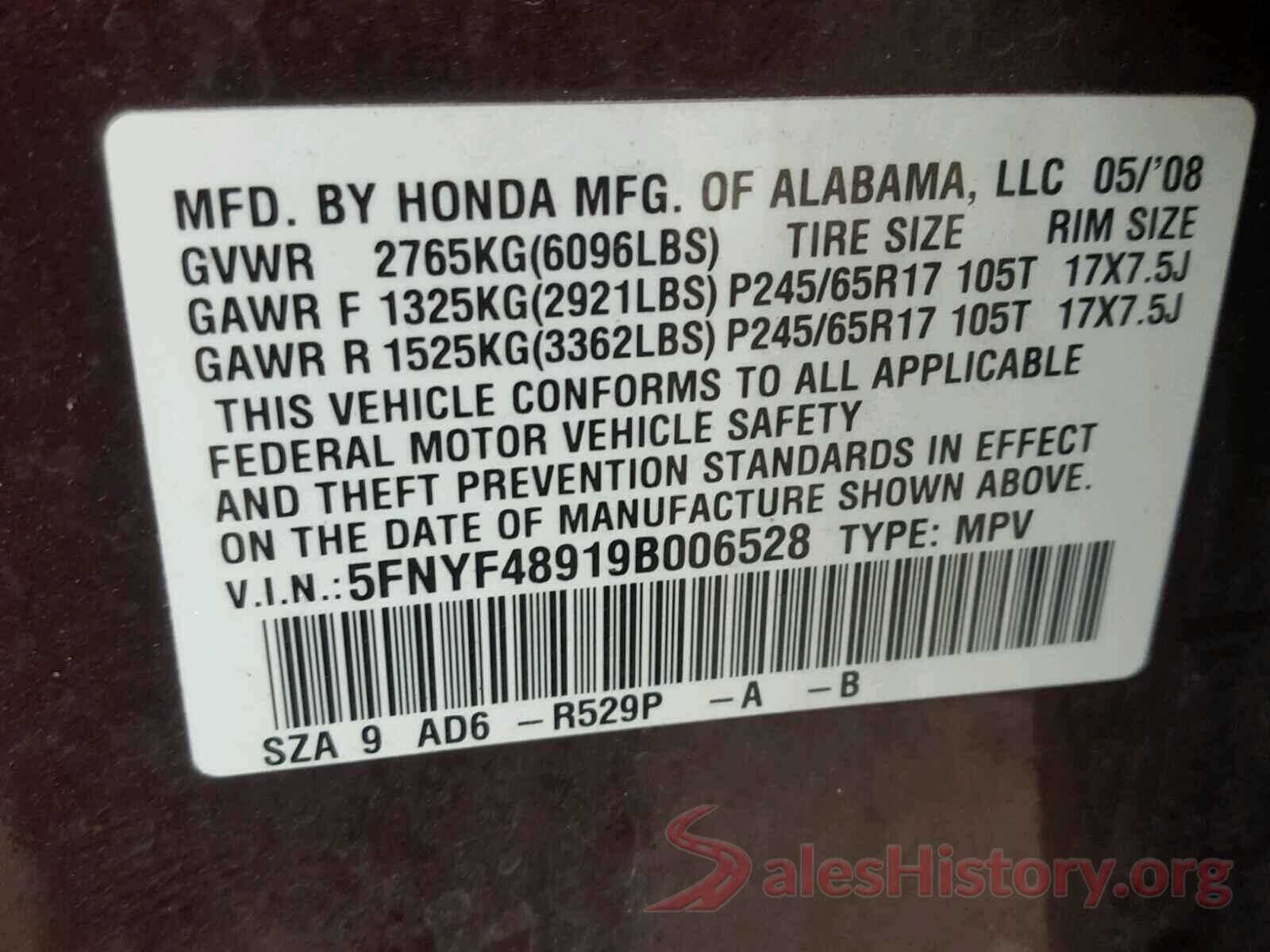 5FNYF48919B006528 2009 HONDA PILOT