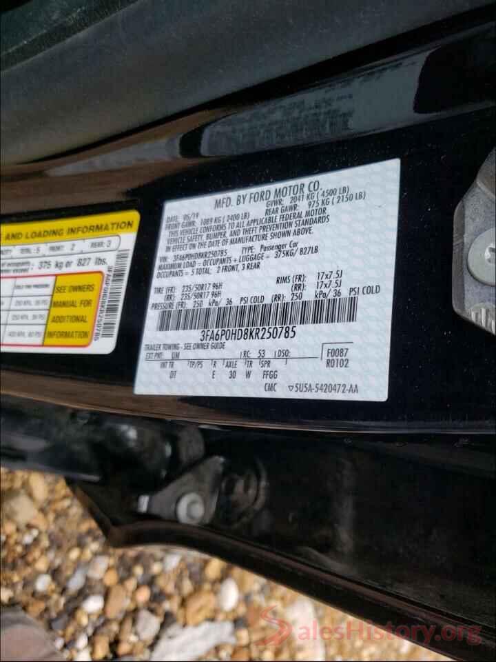 3FA6P0HD8KR250785 2019 FORD FUSION