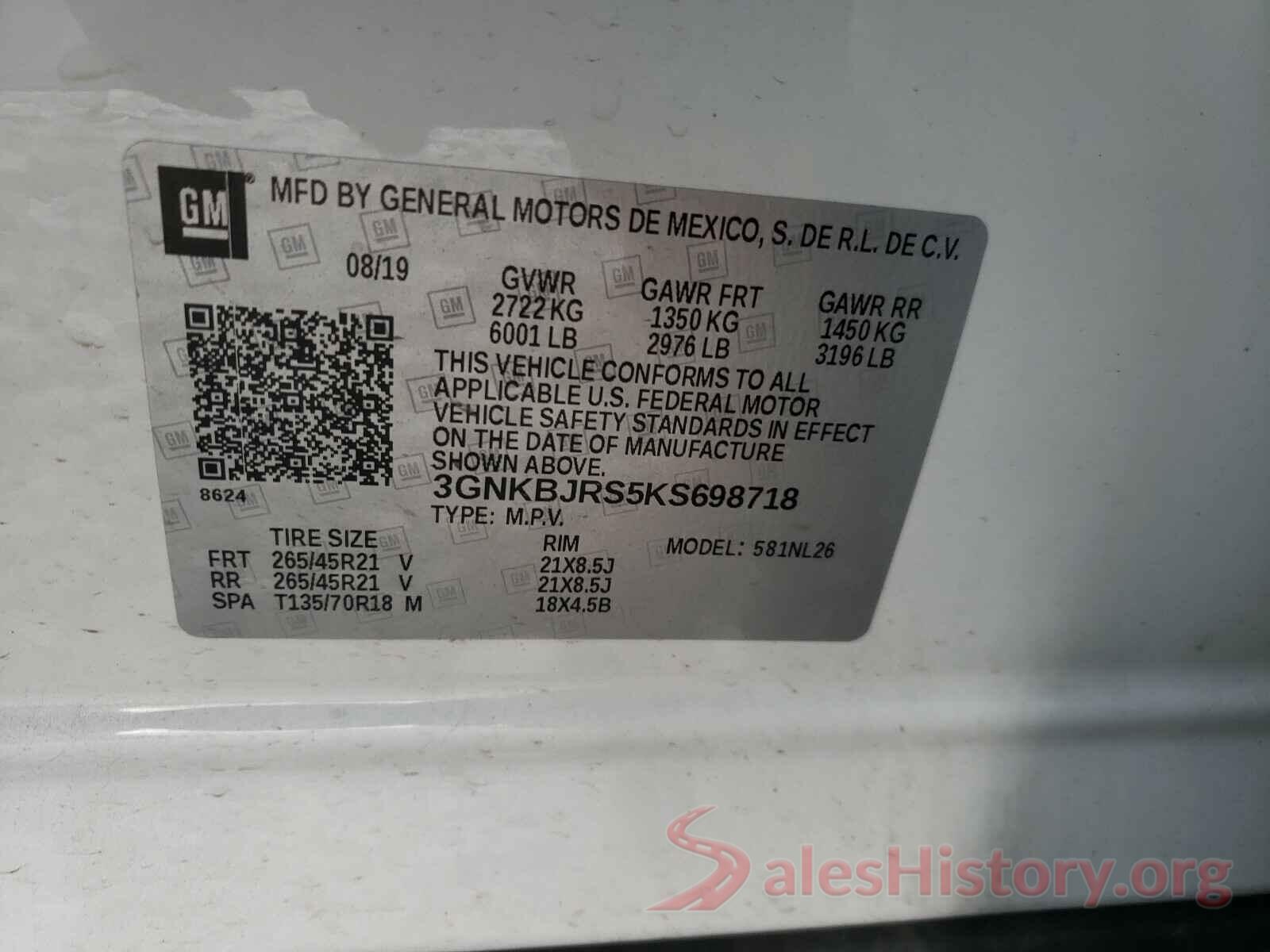 3GNKBJRS5KS698718 2019 CHEVROLET BLAZER