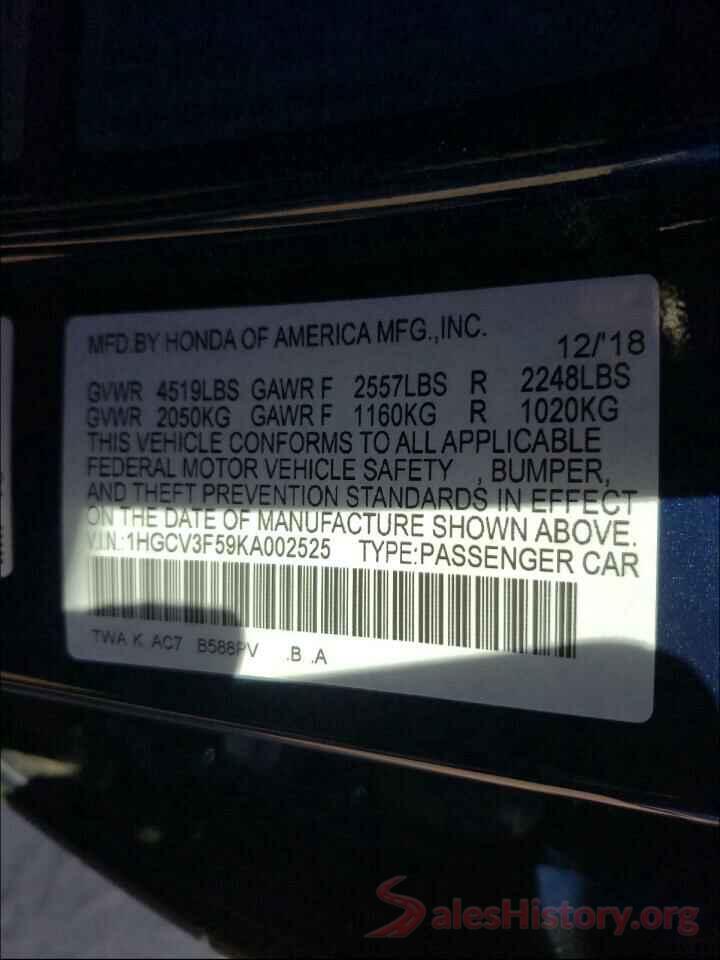 1HGCV3F59KA002525 2019 HONDA ACCORD