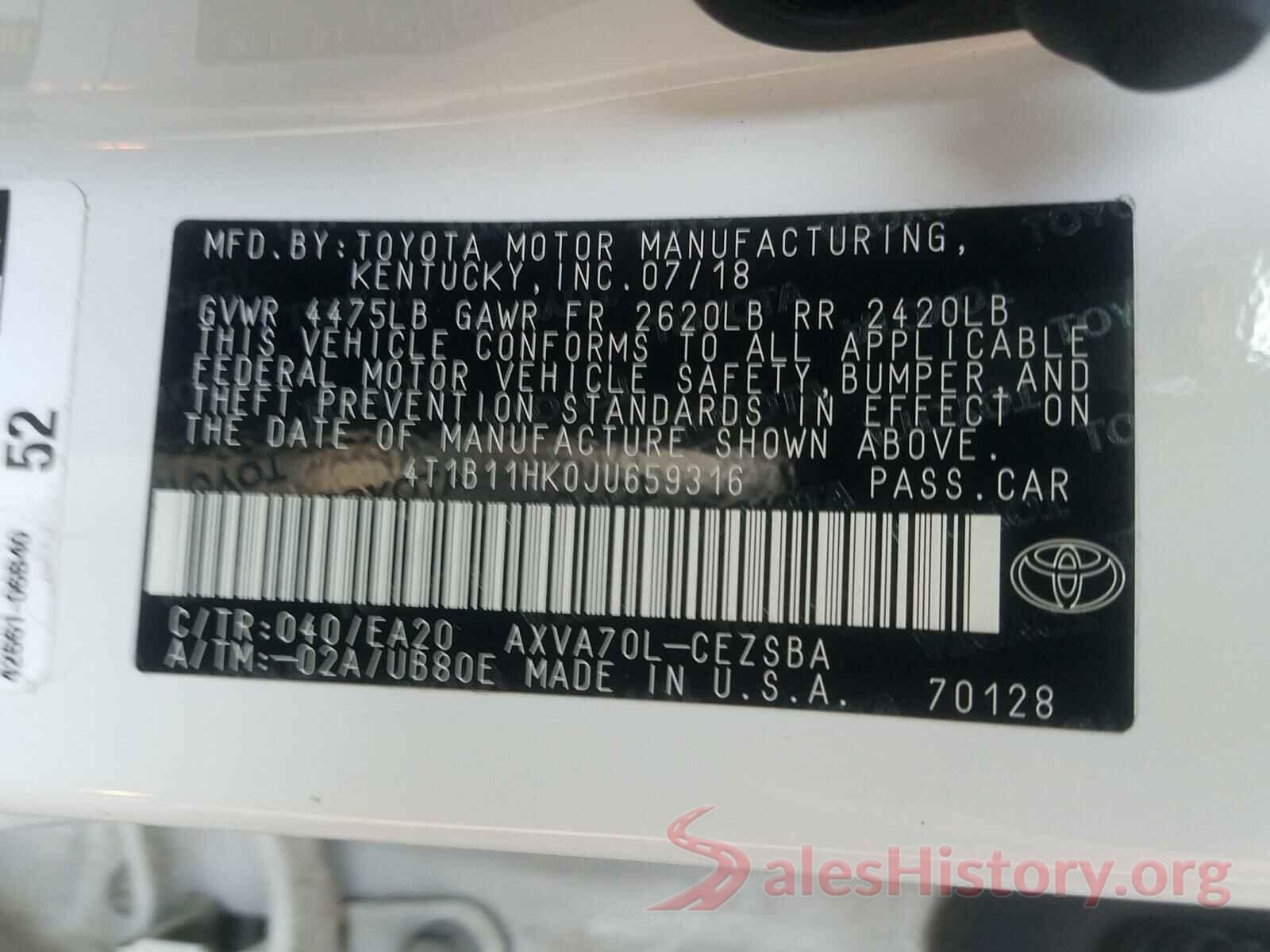 4T1B11HK0JU659316 2018 TOYOTA CAMRY