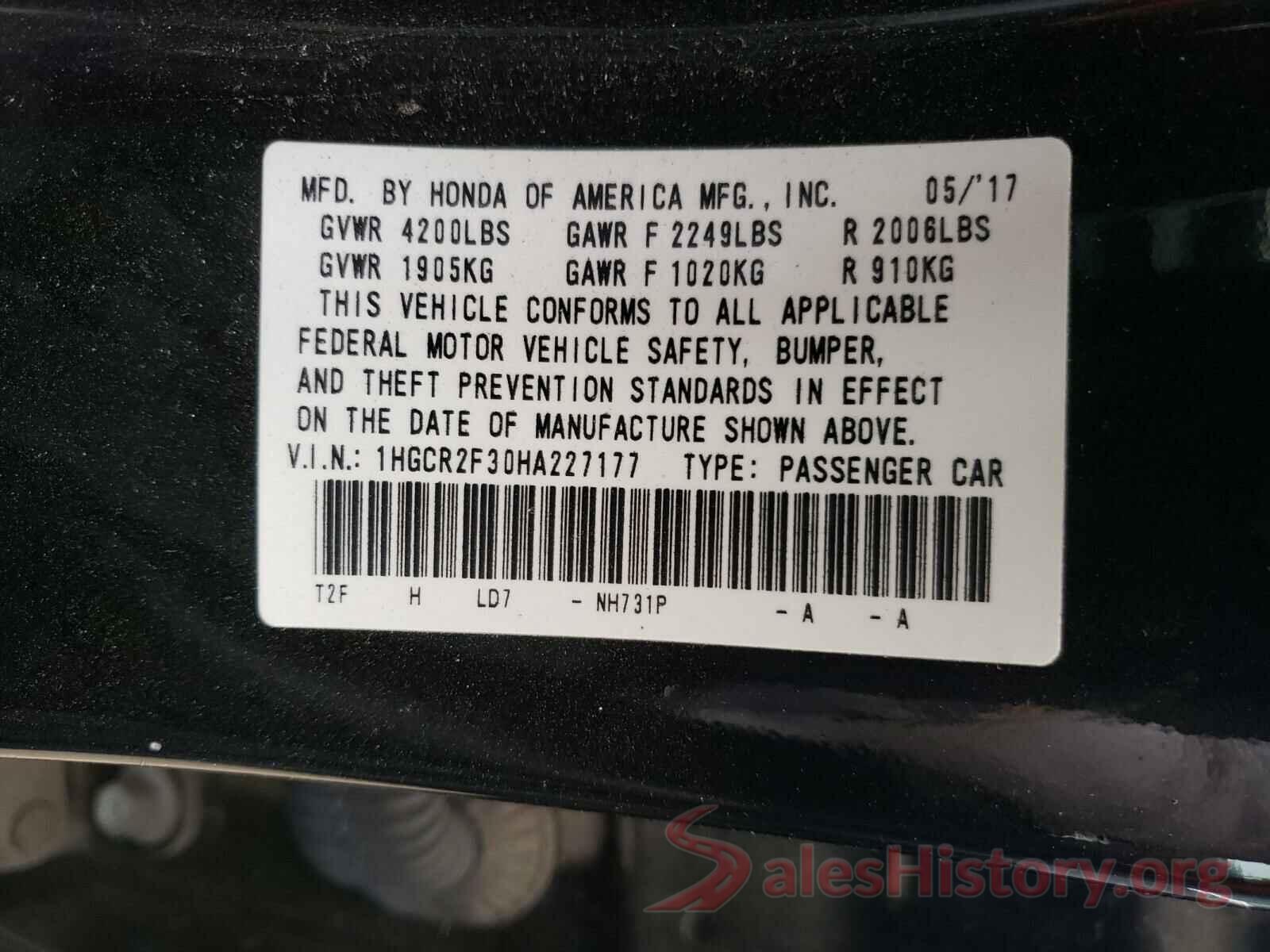 1HGCR2F30HA227177 2017 HONDA ACCORD