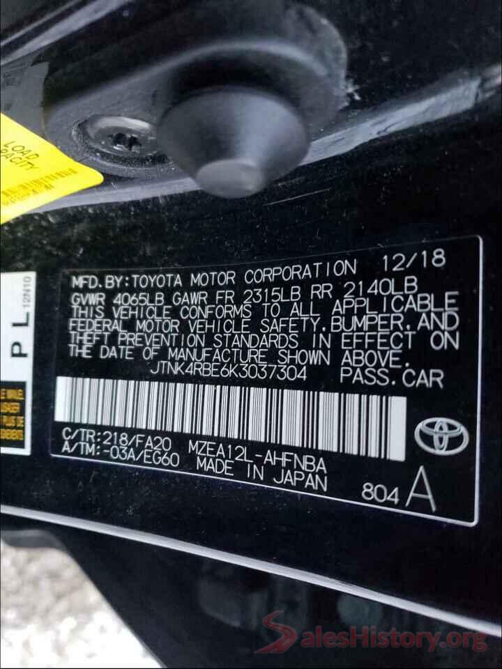 JTNK4RBE6K3037304 2019 TOYOTA COROLLA