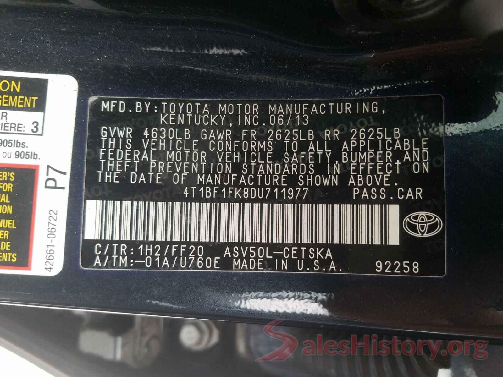 2T3Y1RFV6MW147710 2013 TOYOTA CAMRY