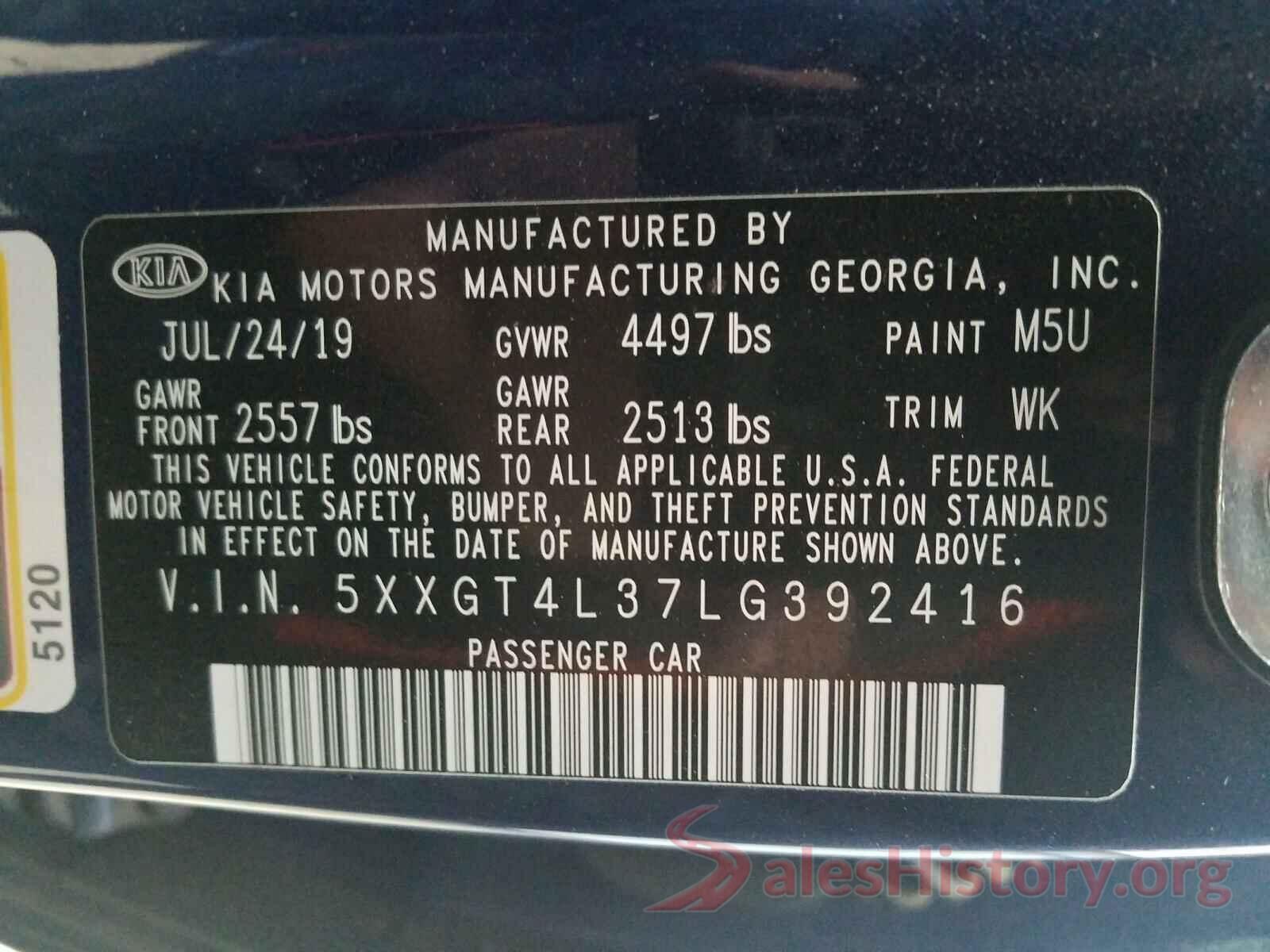 5XXGT4L37LG392416 2020 KIA OPTIMA