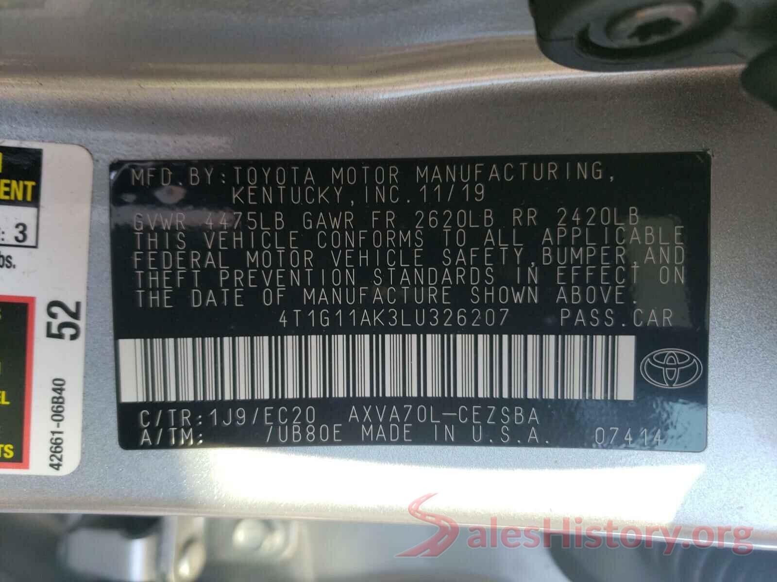 4T1G11AK3LU326207 2020 TOYOTA CAMRY