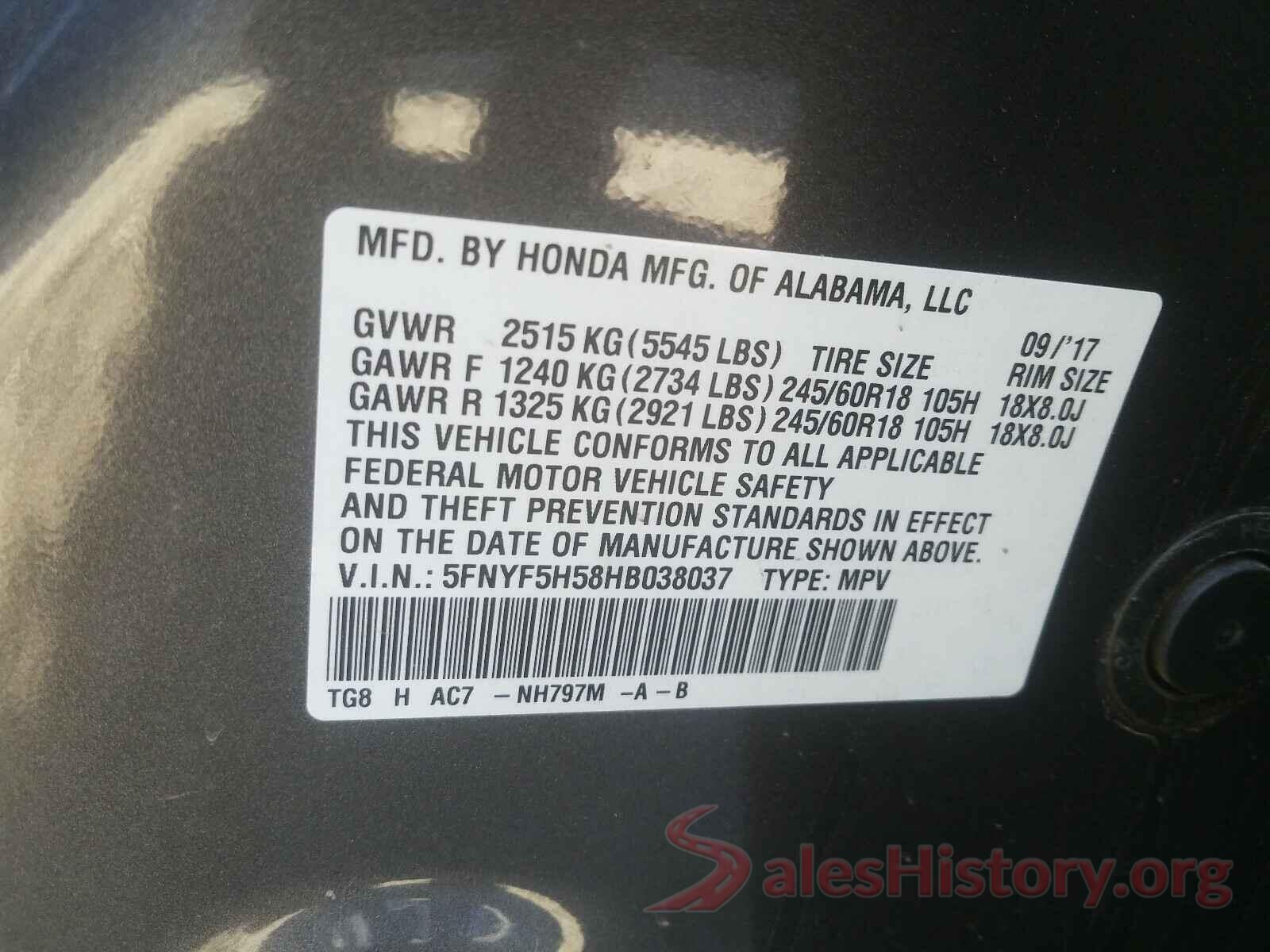 5FNYF5H58HB038037 2017 HONDA PILOT