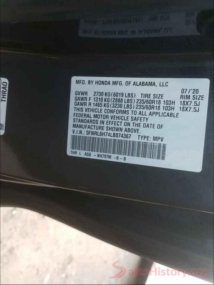 5FNRL6H74LB074367 2020 HONDA ODYSSEY