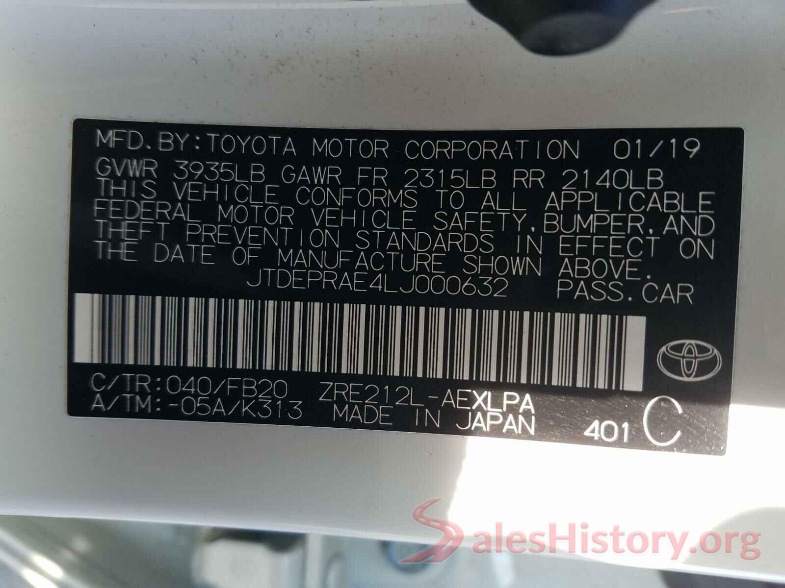 JTDEPRAE4LJ000632 2020 TOYOTA COROLLA