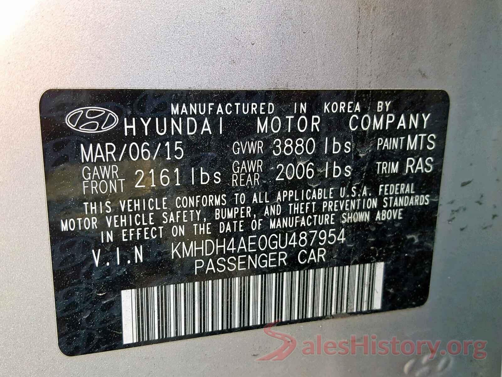 2T3K1RFV3KW012106 2016 HYUNDAI ELANTRA