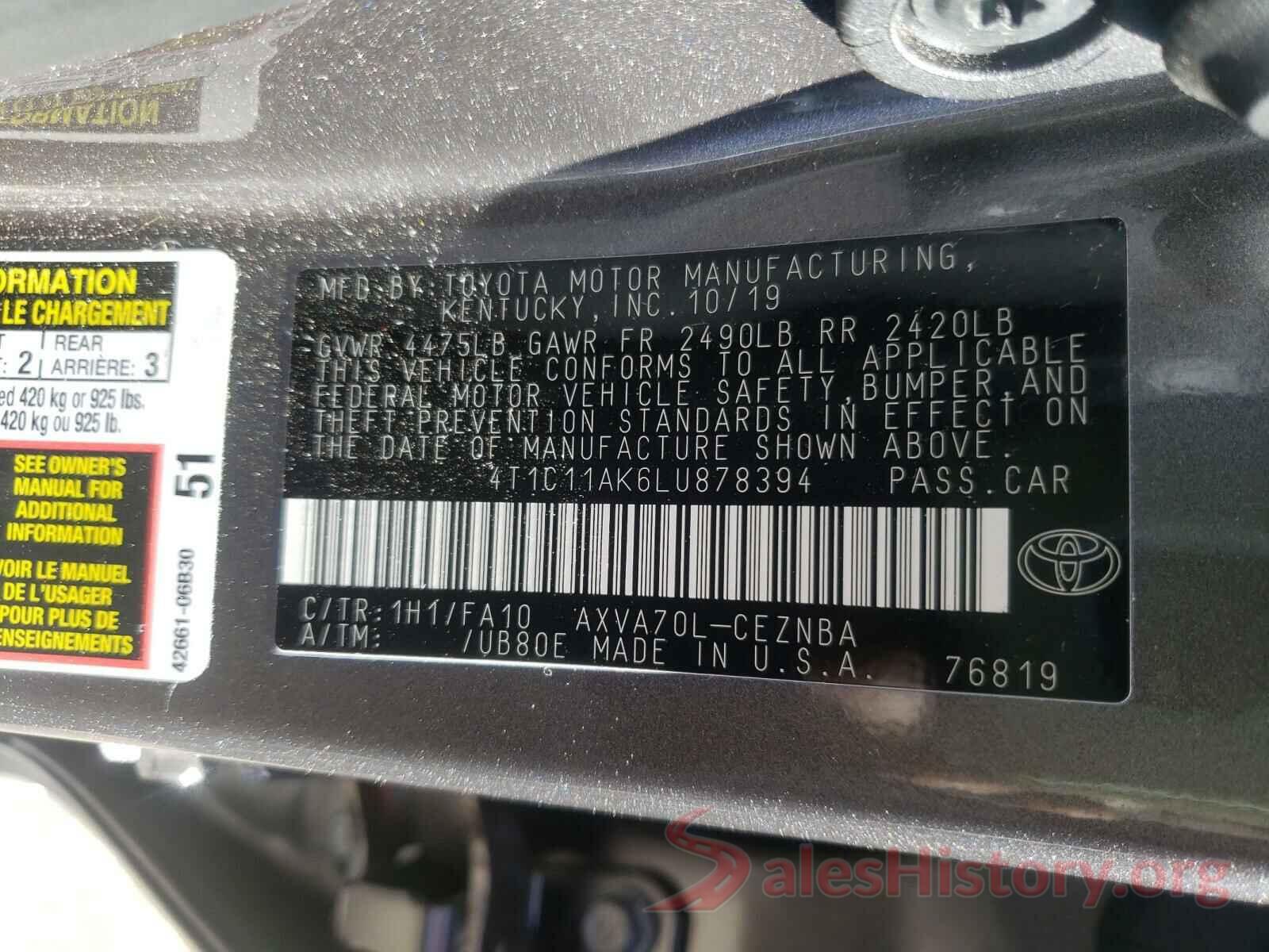 4T1C11AK6LU878394 2020 TOYOTA CAMRY