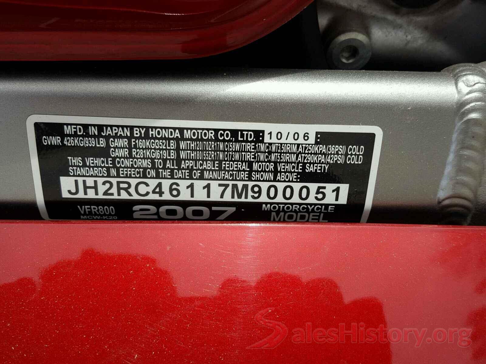 JH2RC46117M900051 2007 HONDA VFR CYCLE