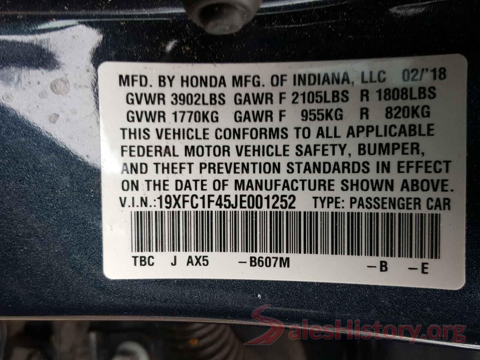 19XFC1F45JE001252 2018 HONDA CIVIC