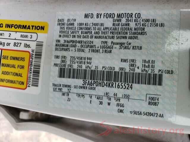 3FA6P0HD4KR165524 2019 FORD FUSION