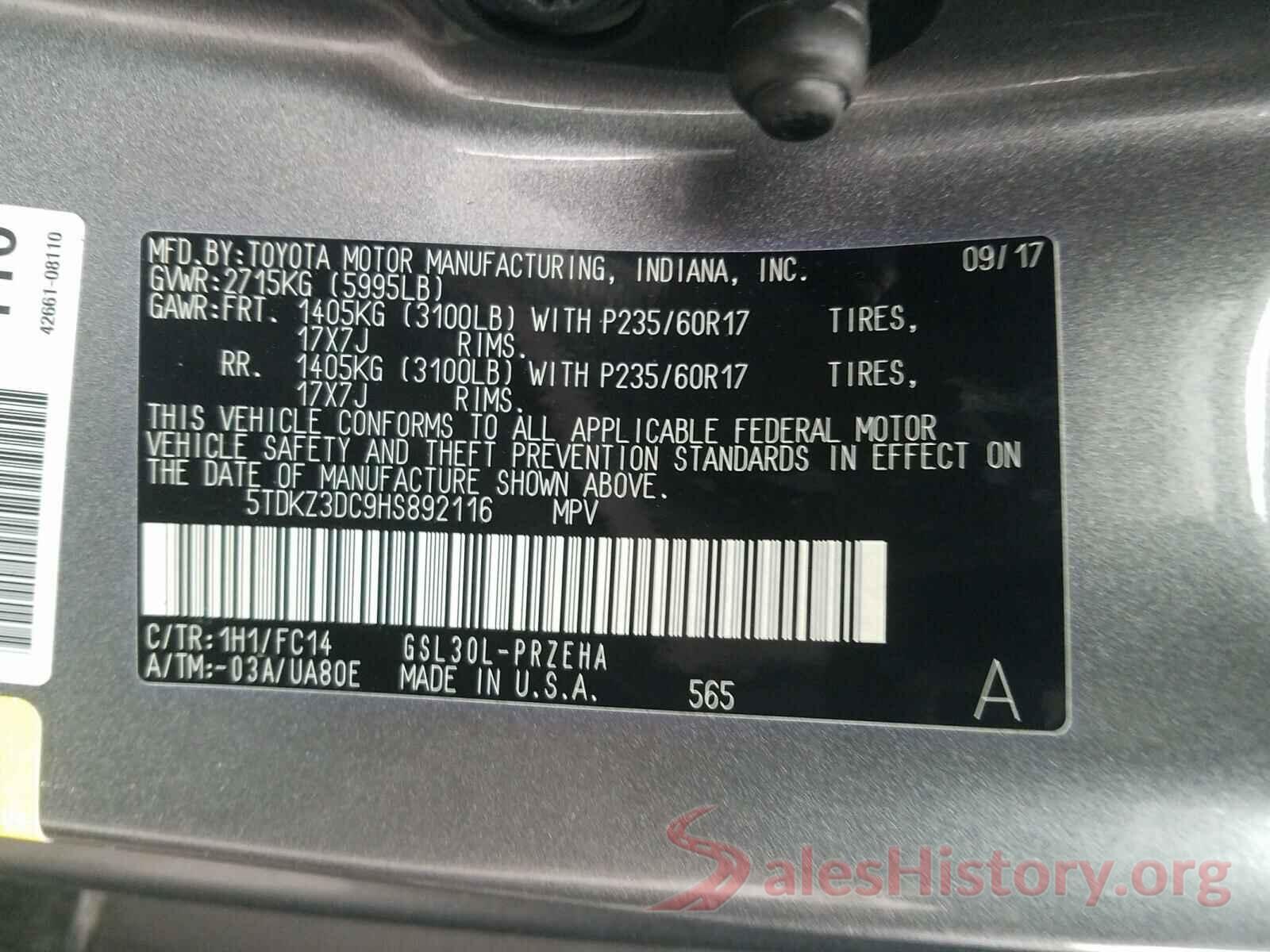 5TDKZ3DC9HS892116 2017 TOYOTA SIENNA