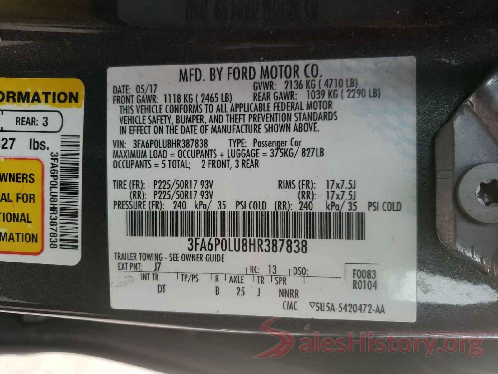 3FA6P0LU8HR387838 2017 FORD FUSION