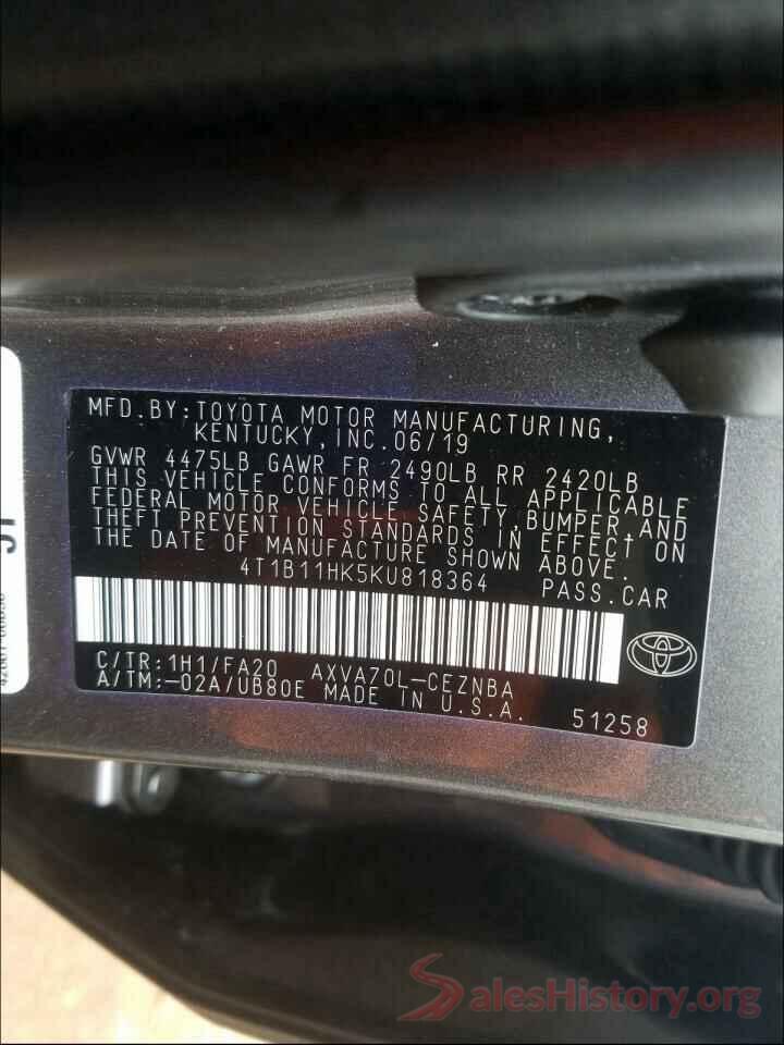 4T1B11HK5KU818364 2019 TOYOTA CAMRY