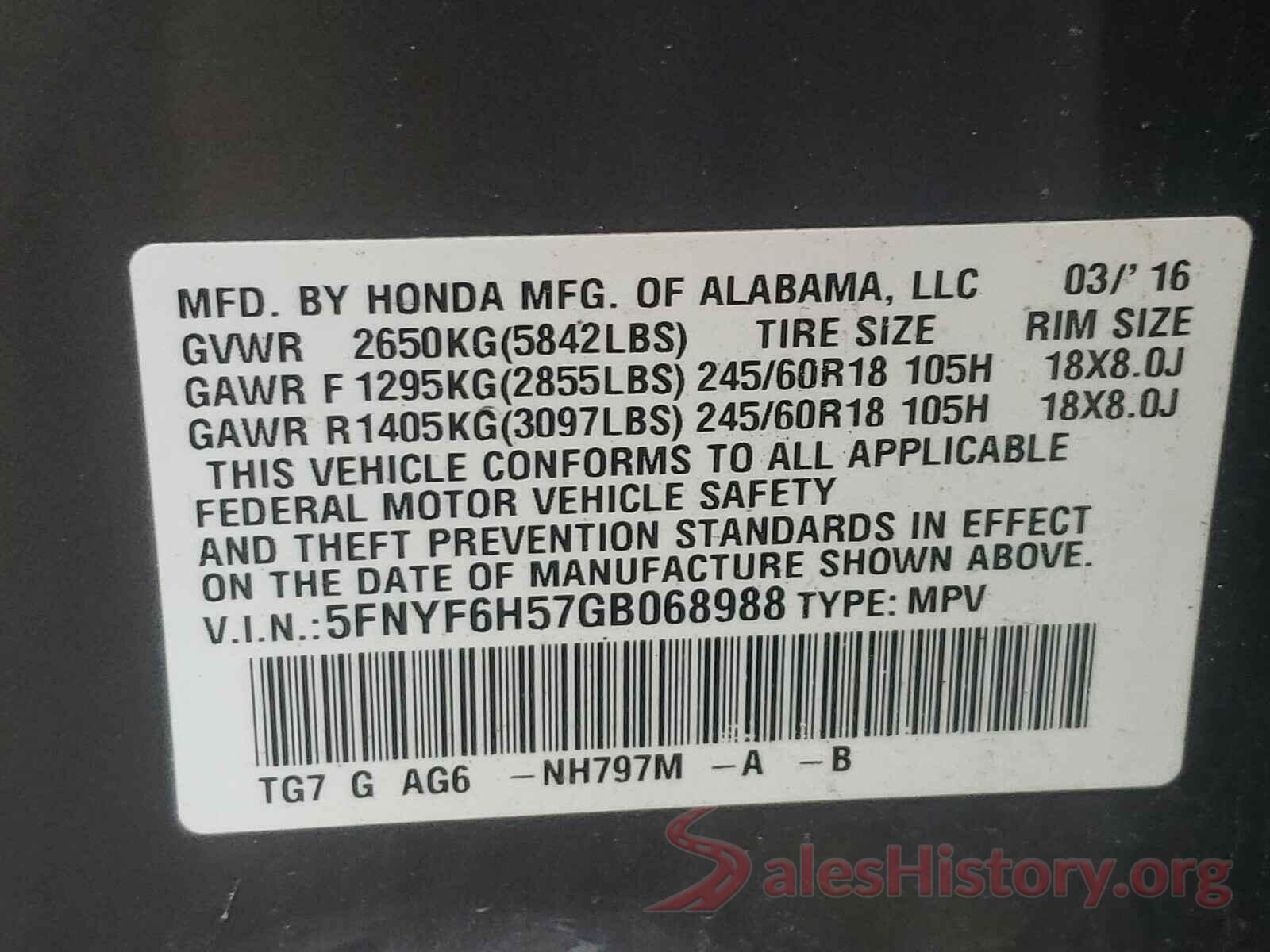 5FNYF6H57GB068988 2016 HONDA PILOT