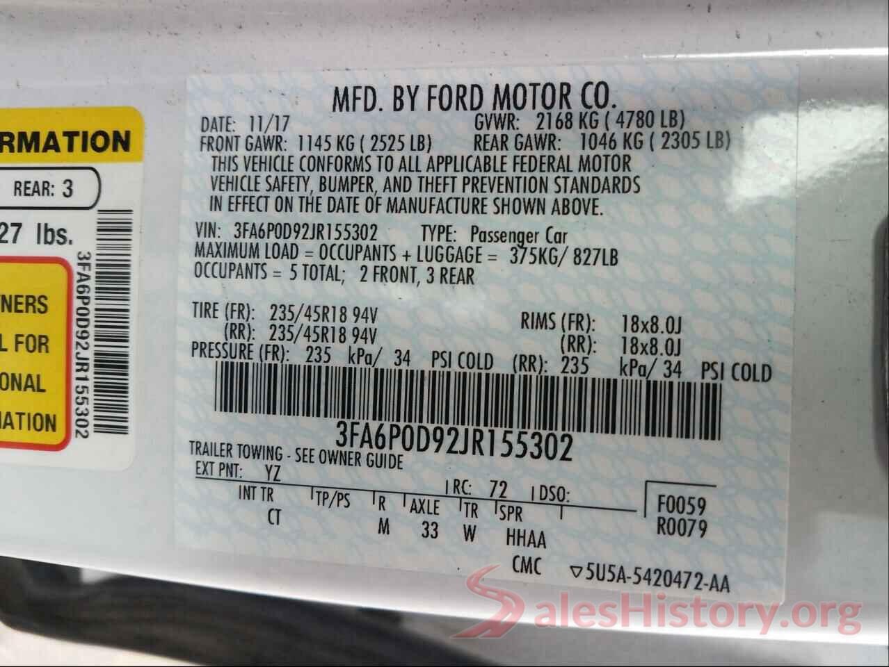 3FA6P0D92JR155302 2018 FORD FUSION