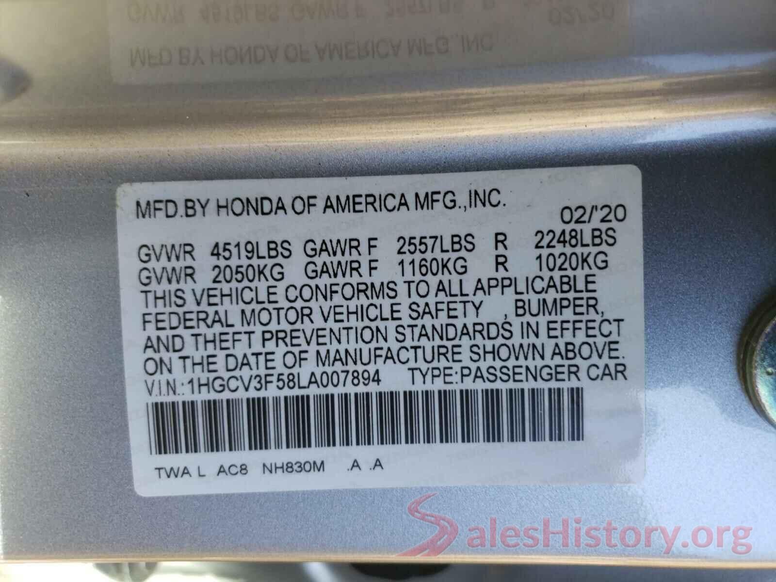 1HGCV3F58LA007894 2020 HONDA ACCORD