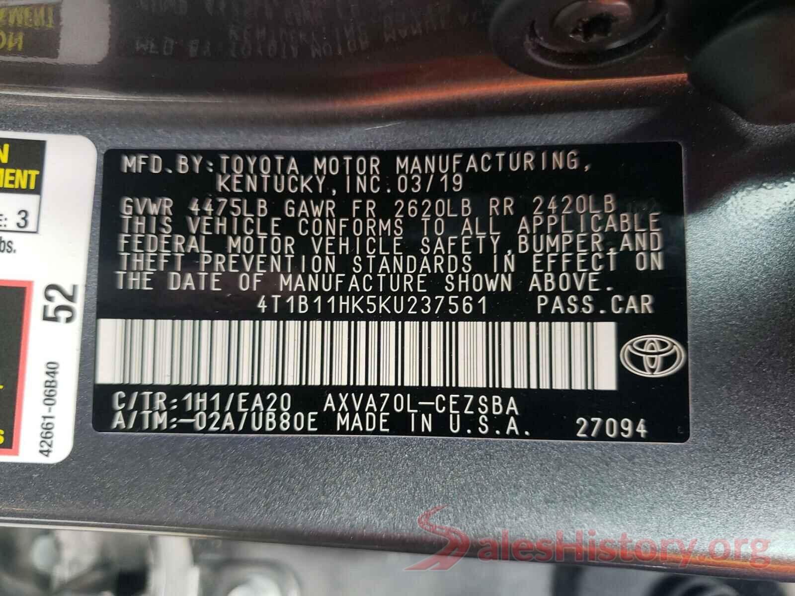 4T1B11HK5KU237561 2019 TOYOTA CAMRY