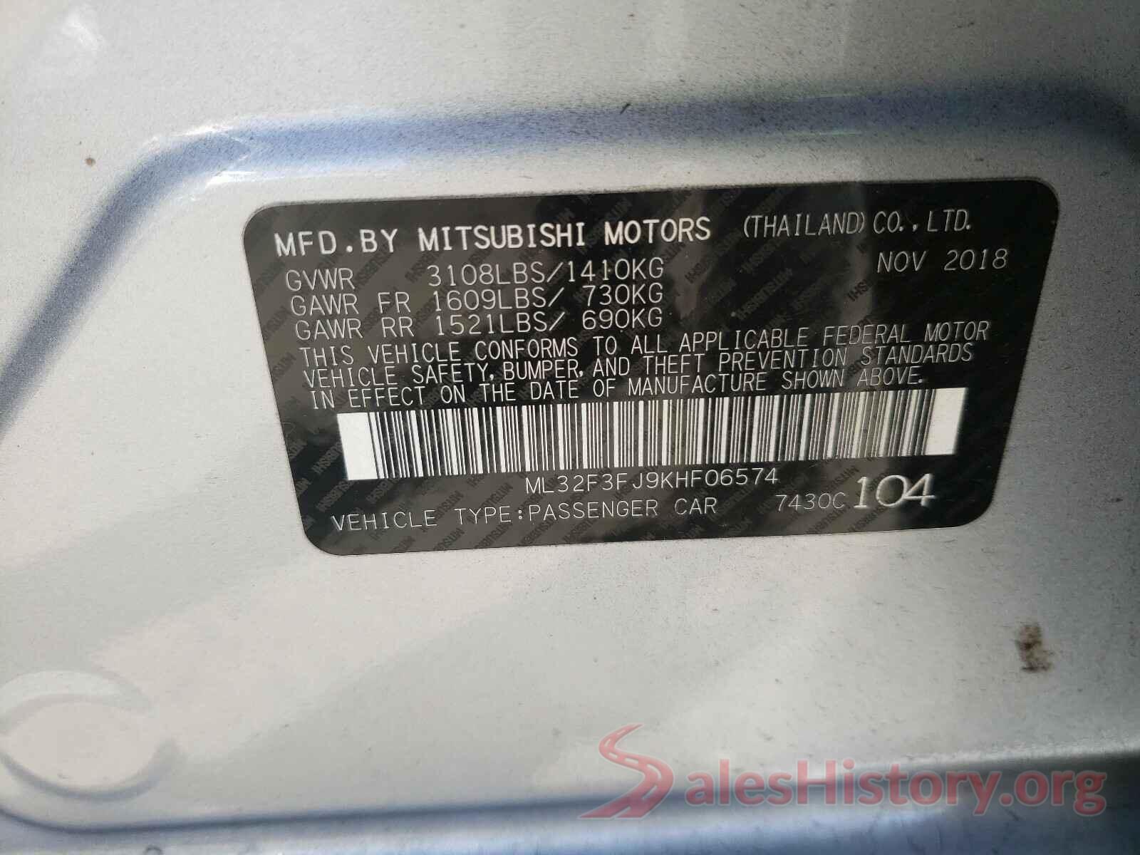 2T3ZFREV7JW445539 2019 MITSUBISHI MIRAGE