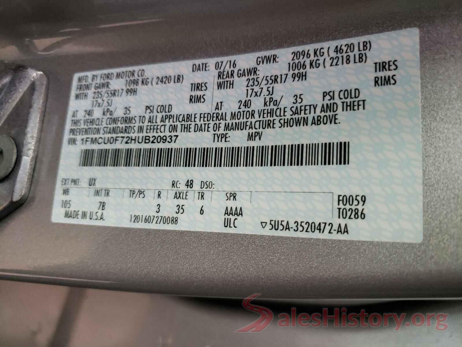 5NPD84LF5LH549007 2017 FORD ESCAPE