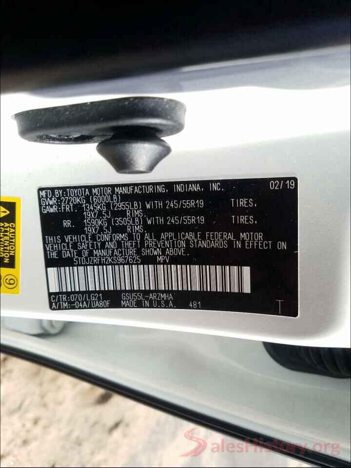 5TDJZRFH2KS967625 2019 TOYOTA HIGHLANDER