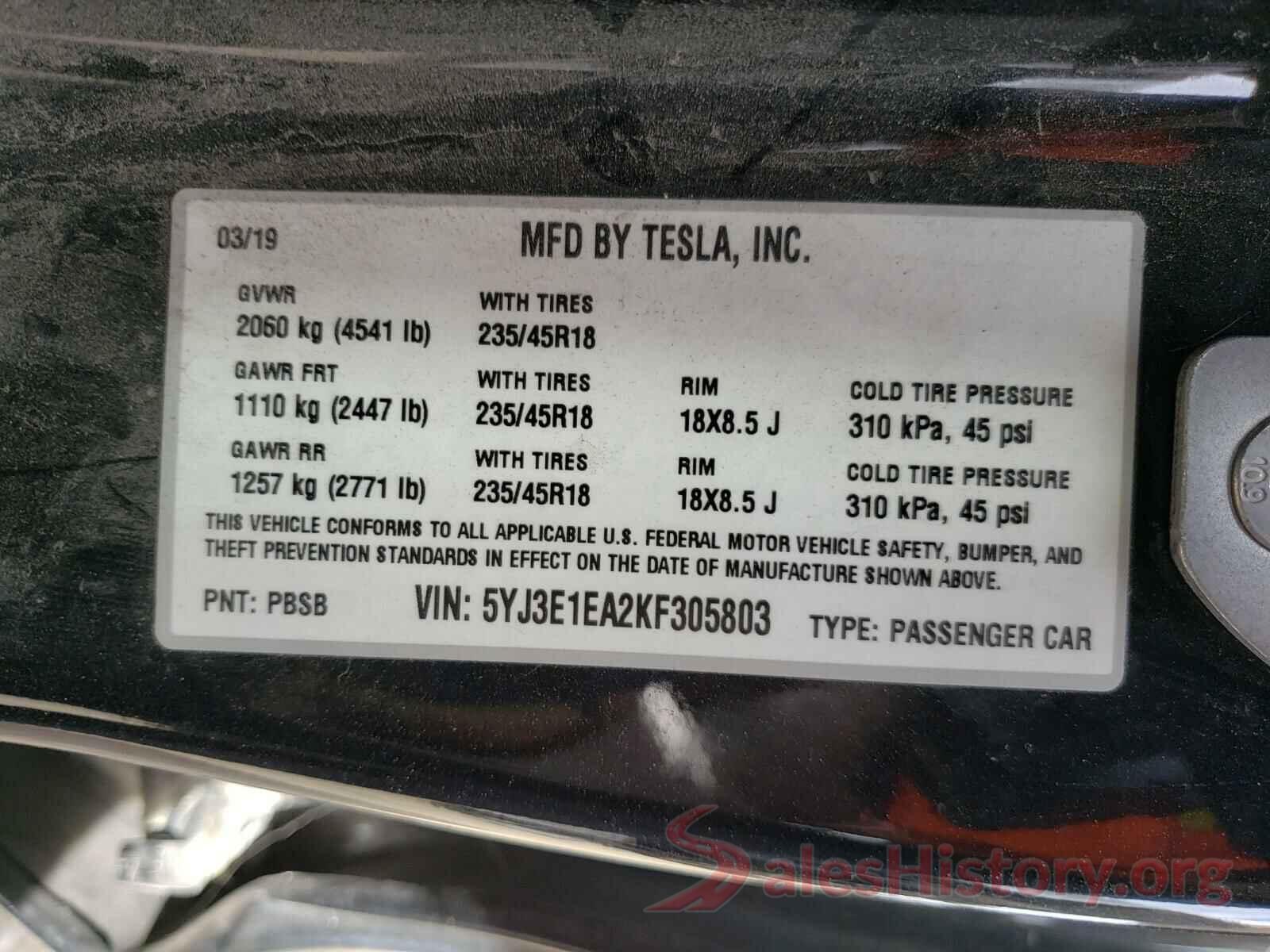 5YJ3E1EA2KF305803 2019 TESLA MODEL 3