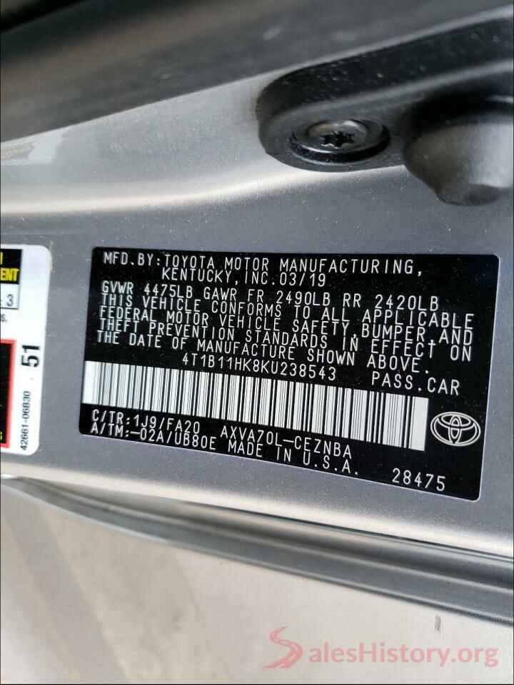 4T1B11HK8KU238543 2019 TOYOTA CAMRY