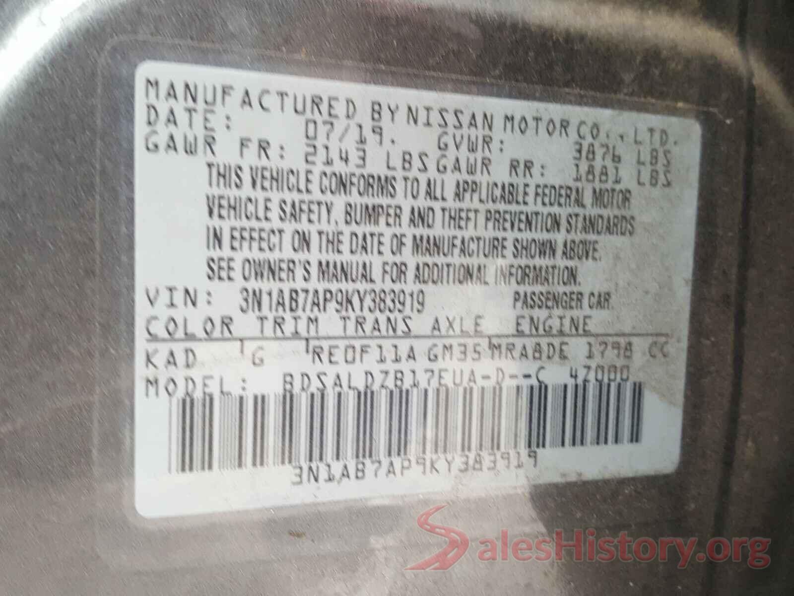 3N1AB7AP9KY383919 2019 NISSAN SENTRA