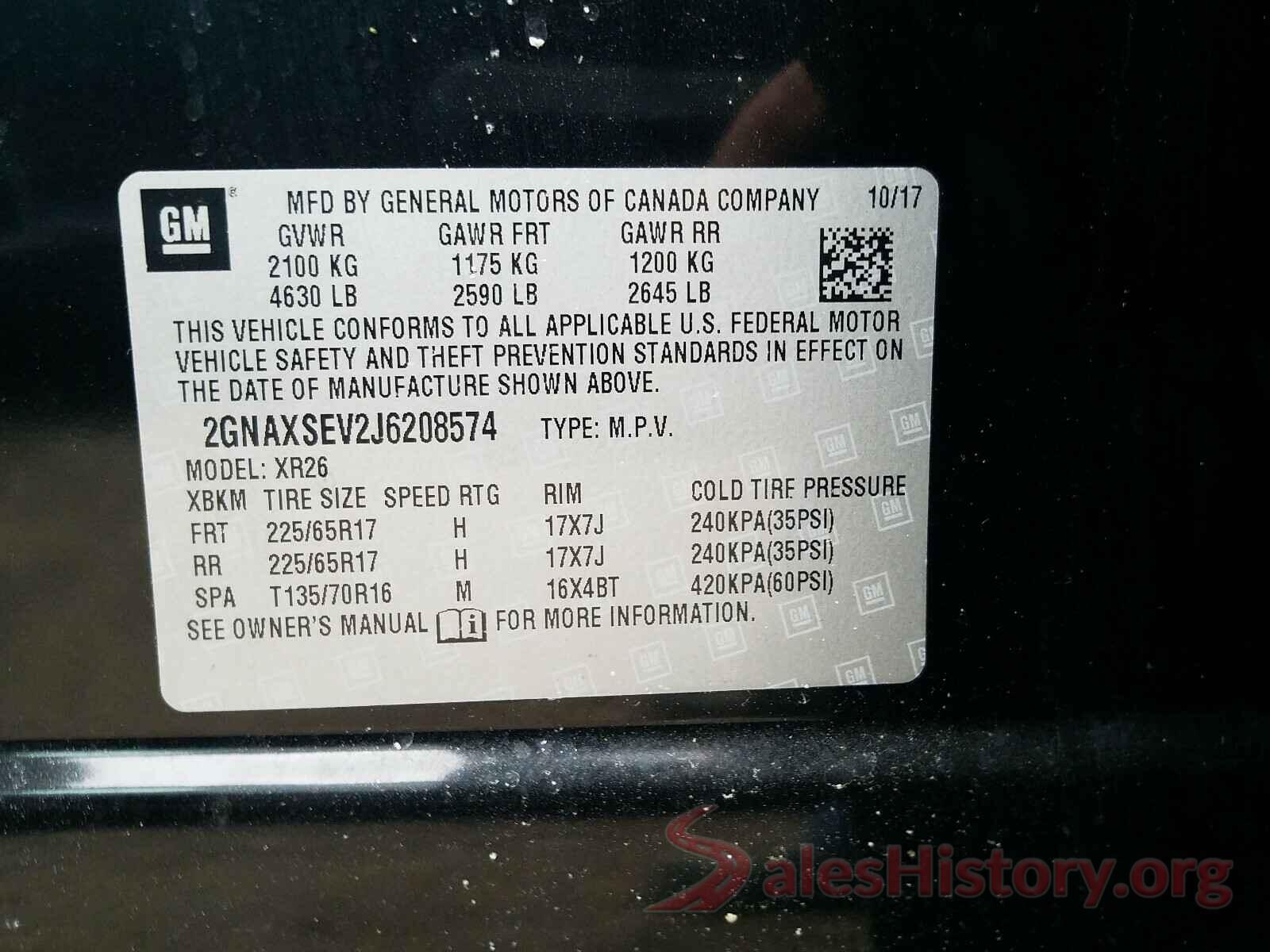 2GNAXSEV2J6208574 2018 CHEVROLET EQUINOX