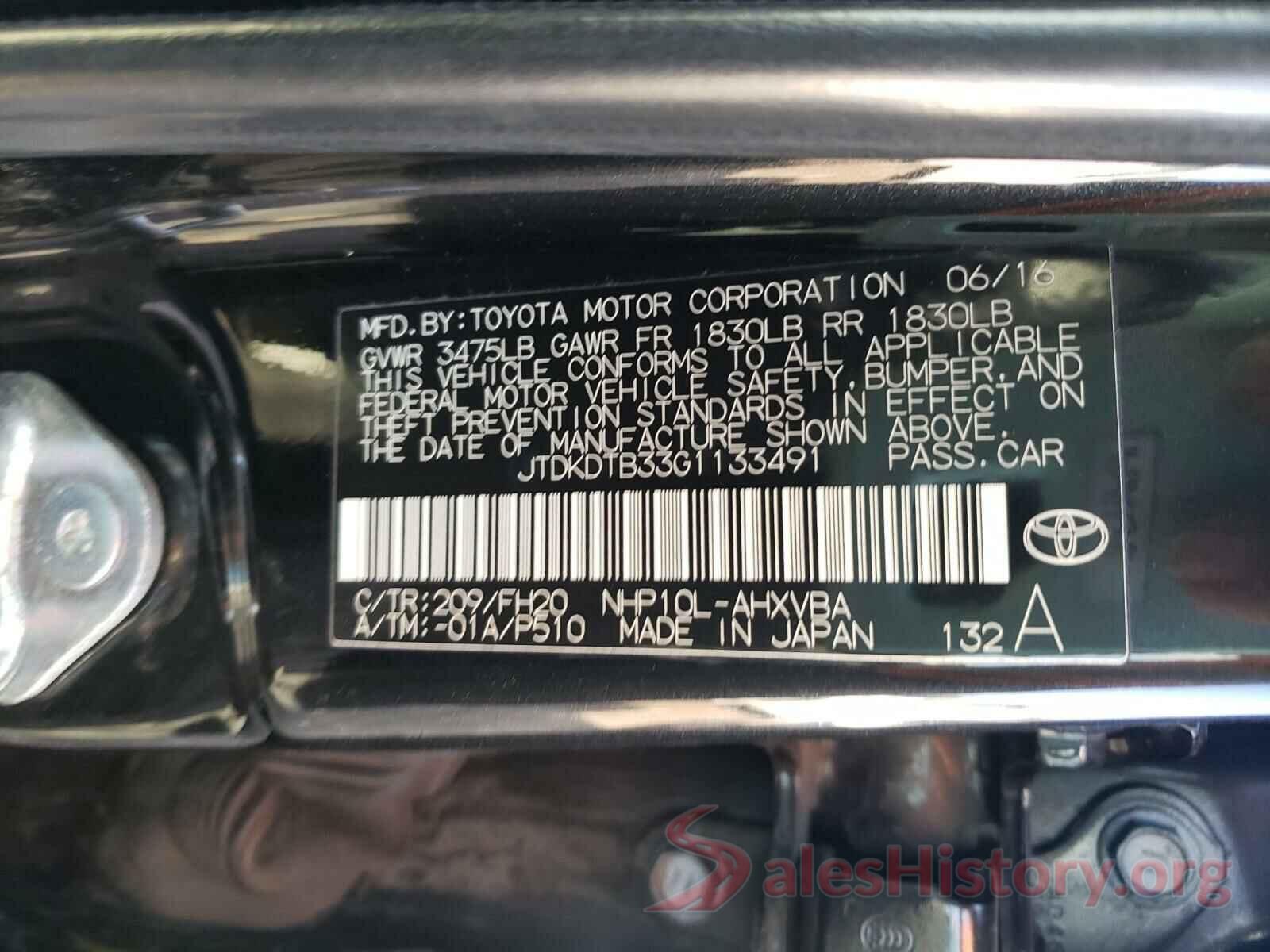 JTDKDTB33G1133491 2016 TOYOTA PRIUS