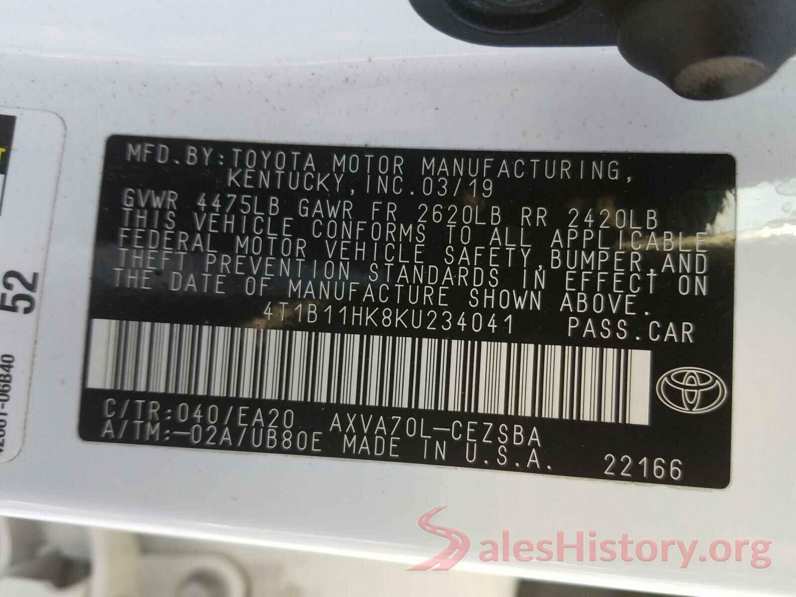 4T1B11HK8KU234041 2019 TOYOTA CAMRY