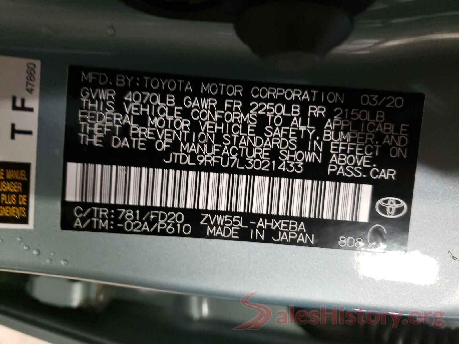 JTDL9RFU7L3021433 2020 TOYOTA PRIUS