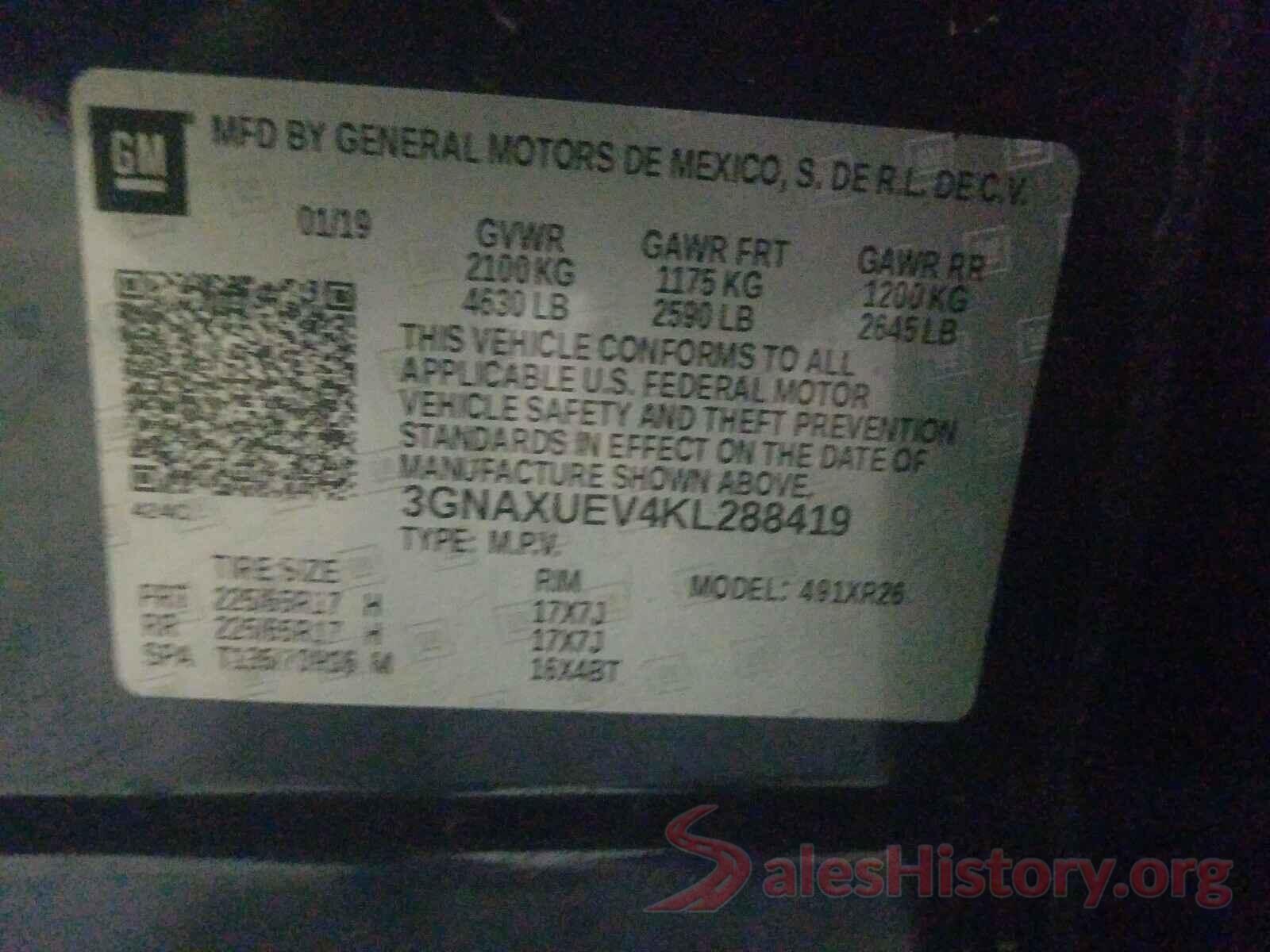 3GNAXUEV4KL288419 2019 CHEVROLET EQUINOX