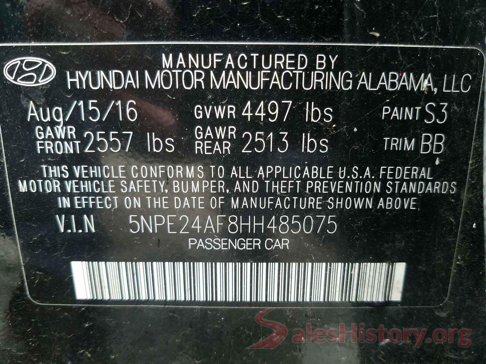 5NPE24AF8HH485075 2017 HYUNDAI SONATA