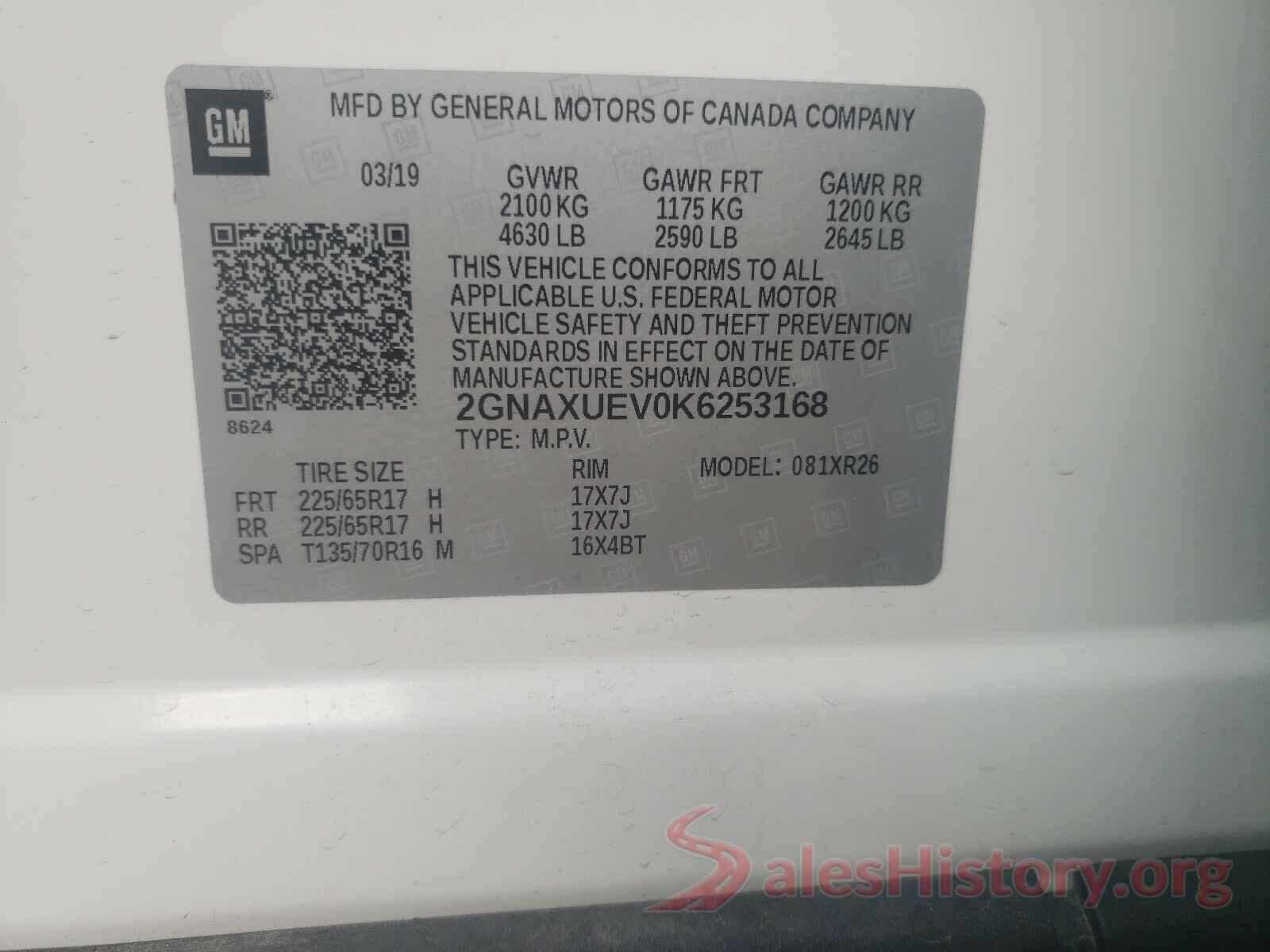 2GNAXUEV0K6253168 2019 CHEVROLET EQUINOX